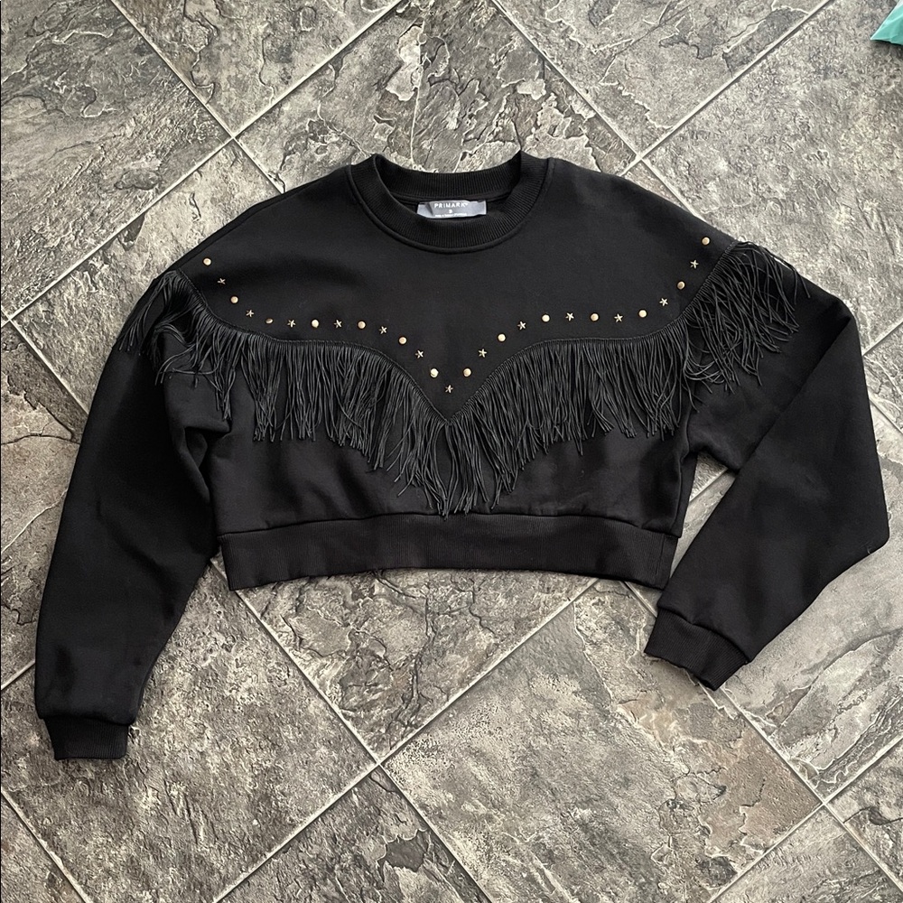 PRIMARK Fringe Studded Y2K Black & Gold Crop Whimsigoth Western Rodeo Sweatshirt